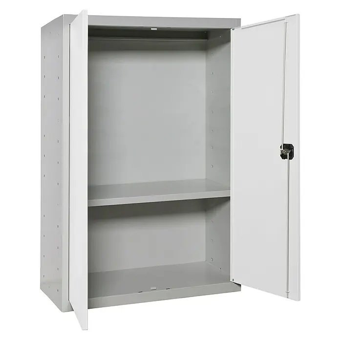Simonrack Simonlocker Armario multiusos metálico Multi Professional - L x An x Al: 40 x 80 x 90 cm, Número de puertas: 2 ud., Gris/Blanco - Armario gris con puerta de bisagras con dos puertas abiertas, un estante y una barra para colgar ropa. Ideal para la oficina y el taller.