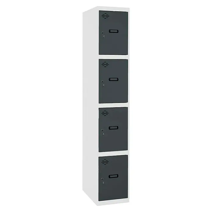 Simonrack Simonlocker Taquilla locker Prof. Inicial Desmontada - L x An x Pr: 50 x 30 x 50 cm, Blanco/Antracita, Número de puertas: 4 ud. - Imagen de un armario metálico de cuatro compartimentos en blanco y gris, ideal para el almacenamiento seguro de objetos personales.
