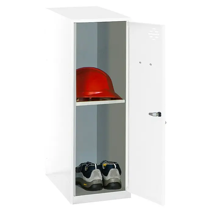 Simonrack Simonlocker Taquilla Mini Desmontada - L x An x Al: 50 x 40 x 91,5 cm, Blanco/Blanco, Número de baldas: 1 ud. - El armario metálico blanco con la puerta abierta muestra un casco rojo en un estante y zapatos debajo.