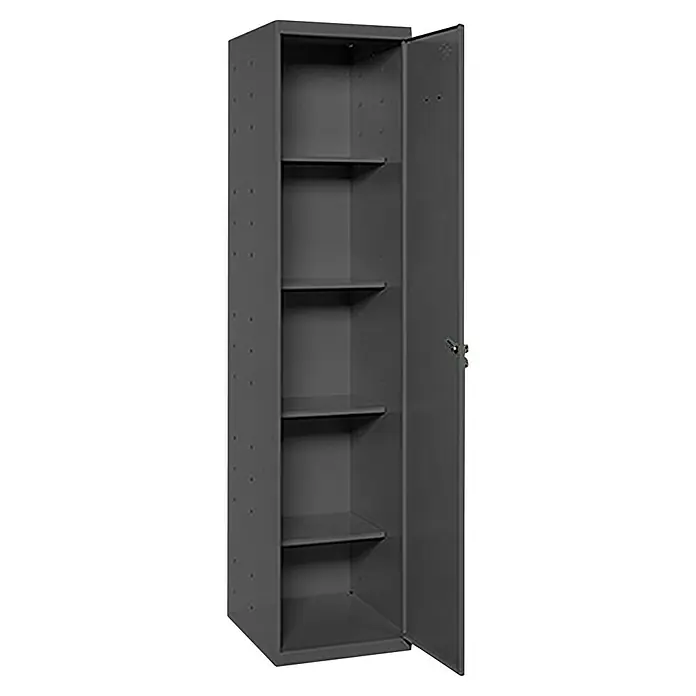 Simonrack Simonlocker Armario multiusos metálico Cleaning - L x An x Al: 40 x 40 x 180 cm, Número de puertas: 1 ud., Antracita/Antracita - Un armario metálico gris con una puerta abierta y cinco estantes. El robusto armario de acero proporciona un amplio espacio.