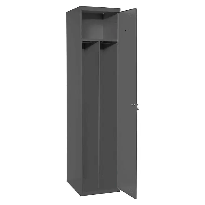 Simonrack Simonlocker Taquilla Prof. Single-Divider Inicial Desmontada - L x An x Al: 50 x 40 x 180 cm, Número de puertas: 1 ud., Antracita/Antracita - Taquilla metálica gris abierta con estantes y barra para colgar ropa. El mueble perfecto para guardar ropa y objetos personales.