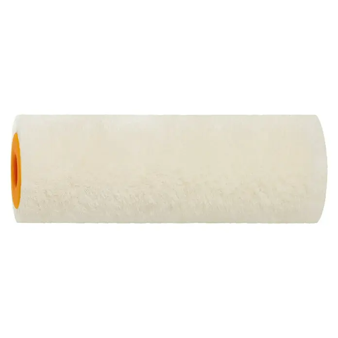 Recambio de rodillos Velour - Ancho: 5 cm, Diámetro: 1,7 cm - Primer plano de un rodillo de pintura blanco con extremos naranjas sobre fondo negro.