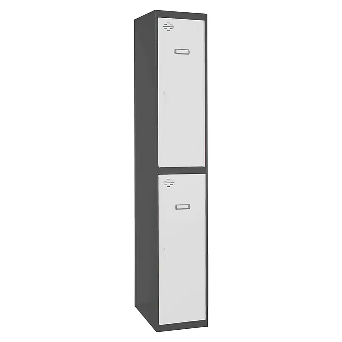 Simonrack Simonlocker Taquilla Tandem Inicial - L x An x Al: 50 x 30 x 180 cm, Número de puertas: 2 ud., Antracita/Blanco - Taquilla doble metálica gris con dos puertas blancas, ranuras de ventilación y tarjeteros. Ideal para vestuarios y escuelas.