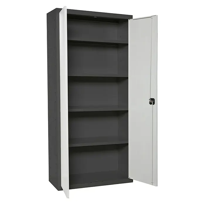Simonrack Simonlocker Armario multiusos metálico Multi Professional Desmontado - L x An x Al: 40 x 60 x 180 cm, Antracita/Blanco, Número de baldas: 4 ud. - Un espacioso armario de acero gris con cuatro estantes y una puerta blanca abierta, que ofrece un amplio espacio de almacenamiento para la oficina o el taller.