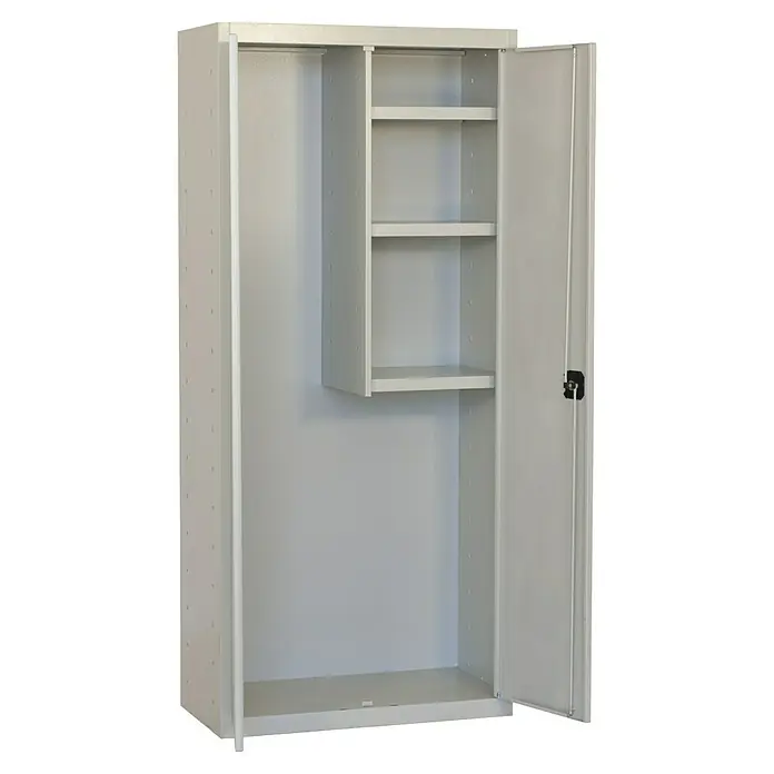 Simonrack Simonlocker Armario multiusos metálico Cleaning - L x An x Al: 40 x 60 x 180 cm, Número de puertas: 2 ud., Gris/Gris - Un espacioso armario metálico gris con puertas abiertas, que cuenta con estanterías y una barra para colgar, ideal para oficina o taller.
