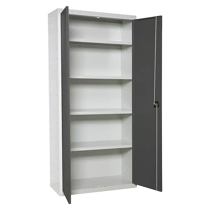 Simonrack Simonlocker Armario multiusos metálico Multi Professional Desmontado - L x An x Al: 40 x 100 x 180 cm, Blanco/Antracita, Número de baldas: 4 ud. - Un espacioso armario metálico gris con múltiples estantes y puertas abiertas, ideal para guardar diversos objetos.