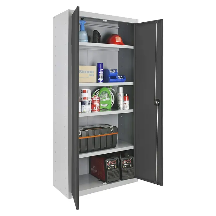 Simonrack Simonlocker Armario multiusos metálico Multi Professional Desmontado - L x An x Al: 40 x 100 x 180 cm, Blanco/Antracita, Número de baldas: 4 ud. - Imagen de un armario de herramientas con múltiples estantes, llenos de diversas herramientas y accesorios.