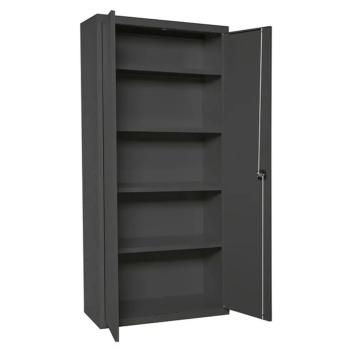 Simonrack Simonlocker Armario multiusos metálico Multi Professional - L x An x Al: 40 x 60 x 180 cm, Número de puertas: 2 ud., Antracita/Antracita - Imagen de un armario metálico gris abierto con múltiples estantes, ideal para almacenar diversos artículos.
