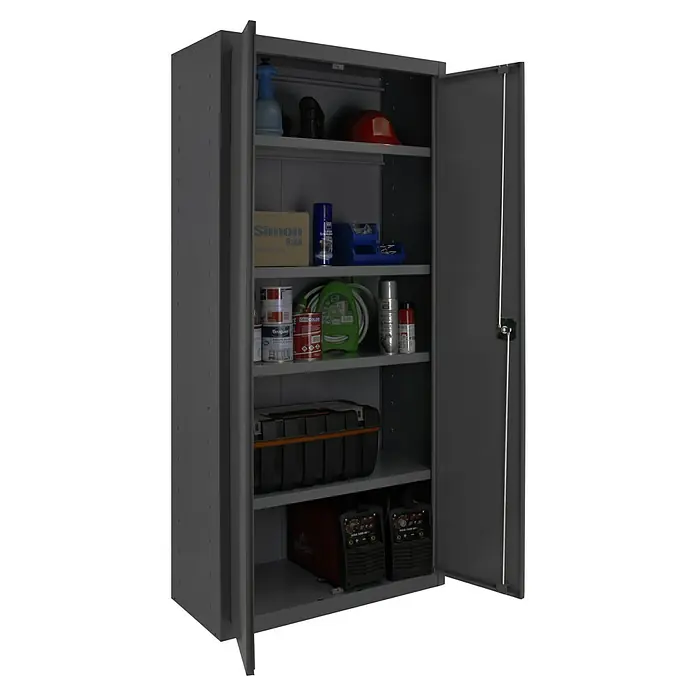 Simonrack Simonlocker Armario multiusos metálico Multi Professional - L x An x Al: 40 x 60 x 180 cm, Número de puertas: 2 ud., Antracita/Antracita - Imagen de un armario de herramientas gris con estantes, que contiene varias herramientas y accesorios.