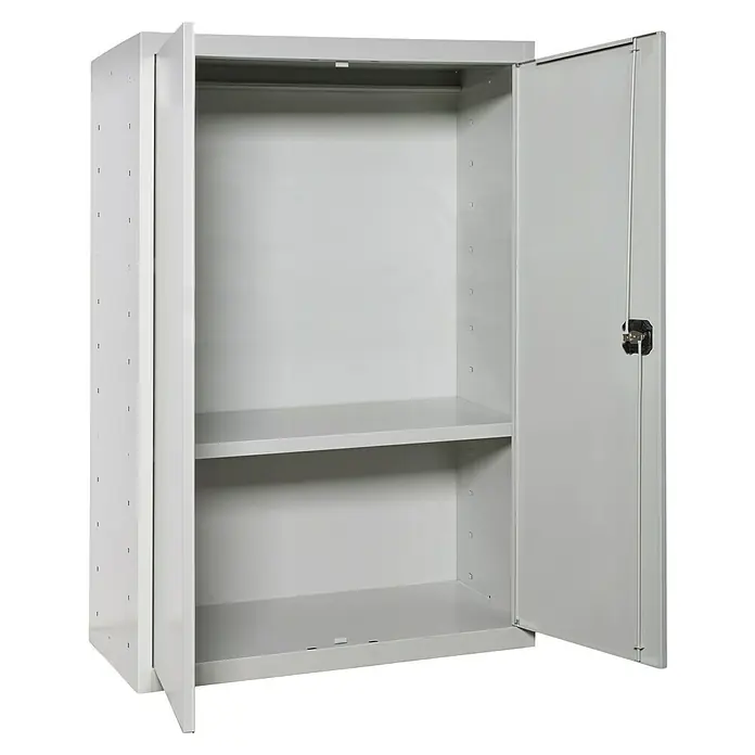 Simonrack Simonlocker Armario multiusos metálico Multi Professional - L x An x Al: 40 x 80 x 90 cm, Número de puertas: 2 ud., Gris/Gris - Armario de acero gris con dos puertas abiertas, que muestra un estante y una barra para colgar. Ideal para oficina o taller.