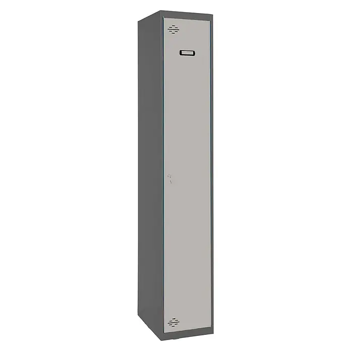Simonrack Simonlocker Taquilla Single Inicial Desmontada - L x An x Al: 50 x 30 x 180 cm, Número de puertas: 1 ud., Antracita/Gris - Vista de un casillero metálico gris de un solo nivel, con ranuras de ventilación, un portacarteles y una cerradura en la puerta.