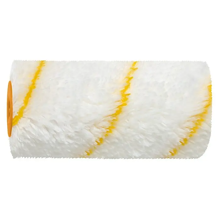 Recambio de rodillos K30 Antigota - Anchura cilindro: 12 cm - Primer plano de un rodillo de pintura con pelo blanco y rayas amarillas, diseñado para una aplicación uniforme de la pintura.
