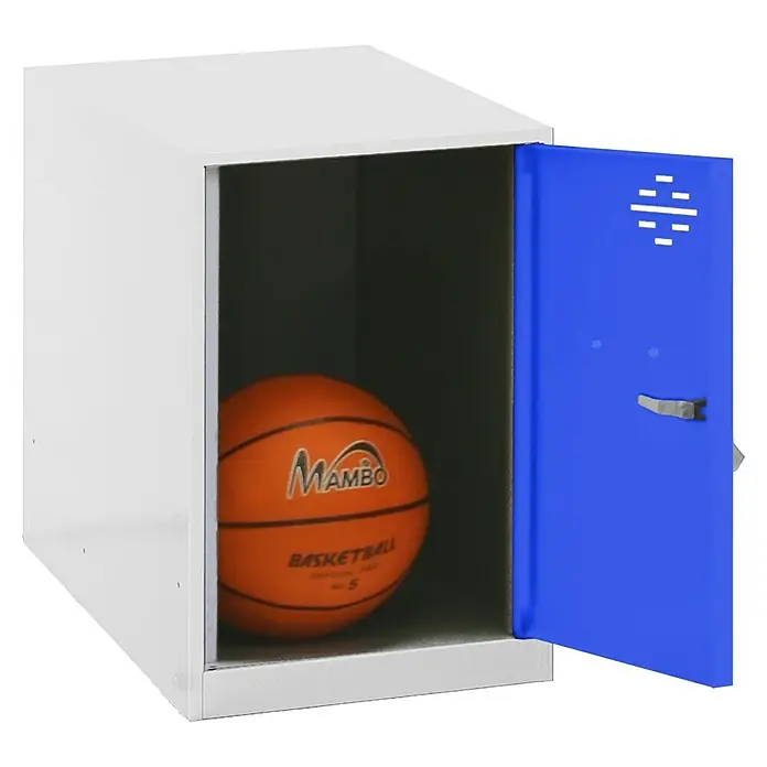 Simonrack Simonlocker Taquilla Mini - L x An x Al: 50 x 40 x 47,5 cm, Número de puertas: 1 ud., Blanco/Azul - Un casillero blanco con una puerta azul está abierto y contiene una pelota de baloncesto naranja.