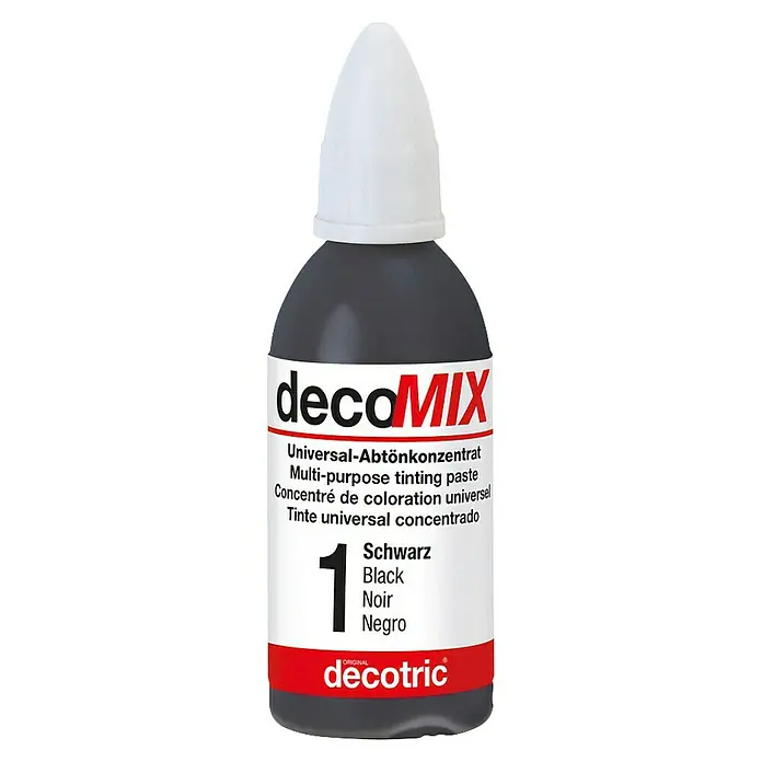 Decotric Abtönkonzentrat decoMIX - Schwarz, 20 ml - Abbildung einer Flasche DecoMix Universal-Abtönkonzentrat in Schwarz, ideal zum individuellen Einfärben von Farben und Lacken.
