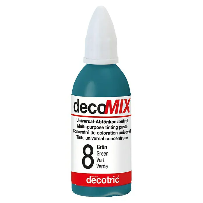 Decotric Abtönkonzentrat decoMIX - Grün, 20 ml - Produktaufnahme einer Flasche decoMix Universal-Abtönkonzentrat, Farbton Grün, ideal zum Mischen von Farben und Lacken.