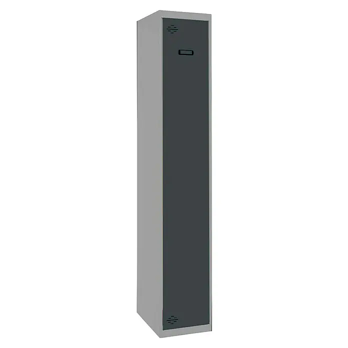 Simonrack Simonlocker Taquilla Single Inicial Desmontada - L x An x Al: 50 x 40 x 180 cm, Número de puertas: 1 ud., Gris/Antracita - Imagen de un armario metálico gris con puerta oscura. Una práctica solución de almacenamiento para diversos entornos como escuelas u oficinas.