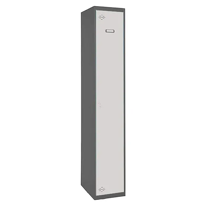 Simonrack Simonlocker Taquilla Single Inicial Desmontada - L x An x Al: 50 x 30 x 180 cm, Número de puertas: 1 ud., Antracita/Blanco - Taquilla gris individual con puerta plateada y ranuras de ventilación para gimnasios, oficinas o escuelas para el almacenamiento seguro de objetos personales.