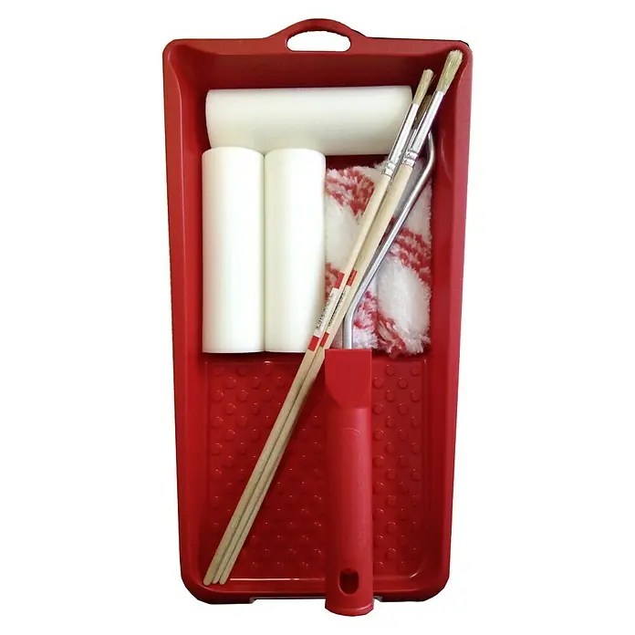Kit para pintar con rodillo - 5 ud. - Un juego de aplicadores de pintura rojo que contiene rodillos de pintura, marco de rodillos de pintura y pinceles, ideal para trabajos de pintura y proyectos domésticos de interior.