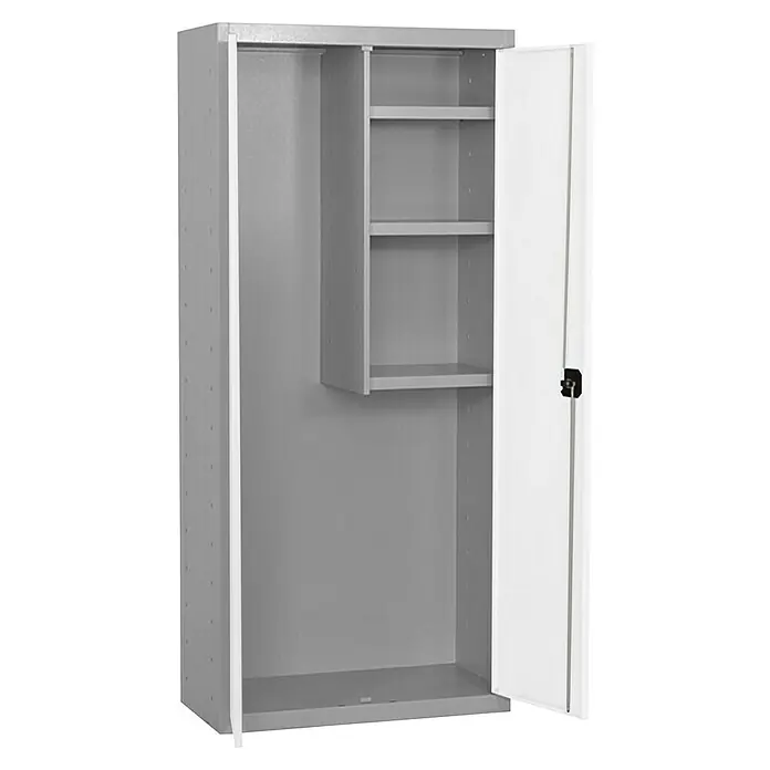 Simonrack Simonlocker Armario multiusos metálico Cleaning - L x An x Al: 40 x 60 x 180 cm, Número de puertas: 2 ud., Gris/Blanco - Un armario metálico gris abierto con una puerta blanca y una zona de estanterías interna que ofrece opciones de almacenamiento y colgado.