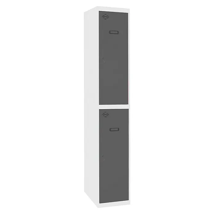 Simonrack Simonlocker Taquilla Tandem Inicial Desmontada - L x An x Al: 50 x 30 x 180 cm, Número de puertas: 2 ud., Blanco/Antracita - Taquilla gris y blanca con dos compartimentos y ventilación. Ideal para guardar objetos y optimizar el espacio.