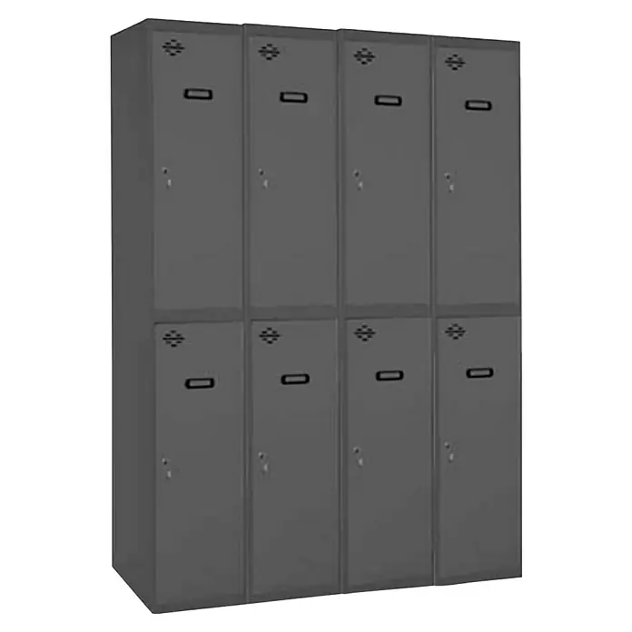 Simonrack Simonlocker Taquilla Tandem Inicial - L x An x Al: 50 x 120 x 180 cm, Número de puertas: 8 ud., Antracita/Antracita - Taquillas metálicas grises en dos filas, con ranuras de ventilación y manijas, ideales para escuelas o vestuarios.