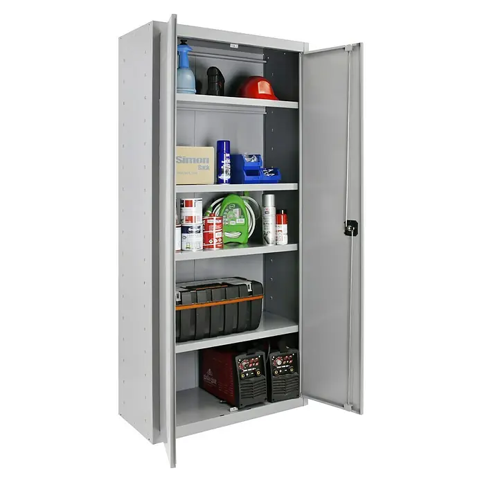 Simonrack Simonlocker Armario multiusos metálico Multi Professional Desmontado - L x An x Al: 40 x 100 x 180 cm, Gris/Gris, Número de baldas: 4 ud. - Imagen de un armario de herramientas con la puerta abierta, mostrando herramientas y accesorios en varios estantes interiores.