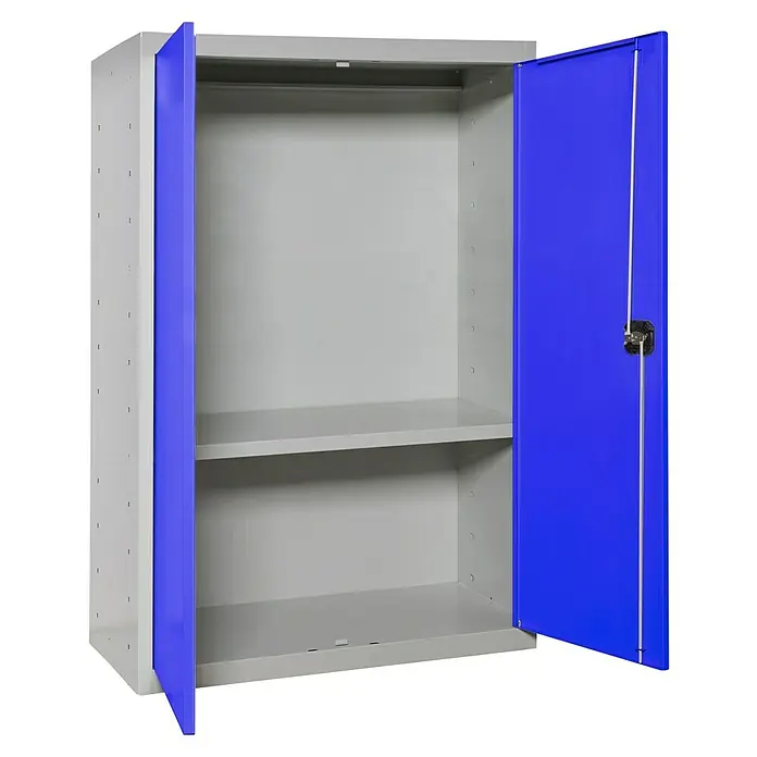 Simonrack Simonlocker Armario multiusos metálico Multi Professional Desmontado - L x An x Al: 40 x 80 x 90 cm, Gris/Azul, Número de baldas: 1 ud. - Armario metálico gris abierto con puertas azules y dos estantes en el interior. El armario está vacío y destinado al almacenamiento.