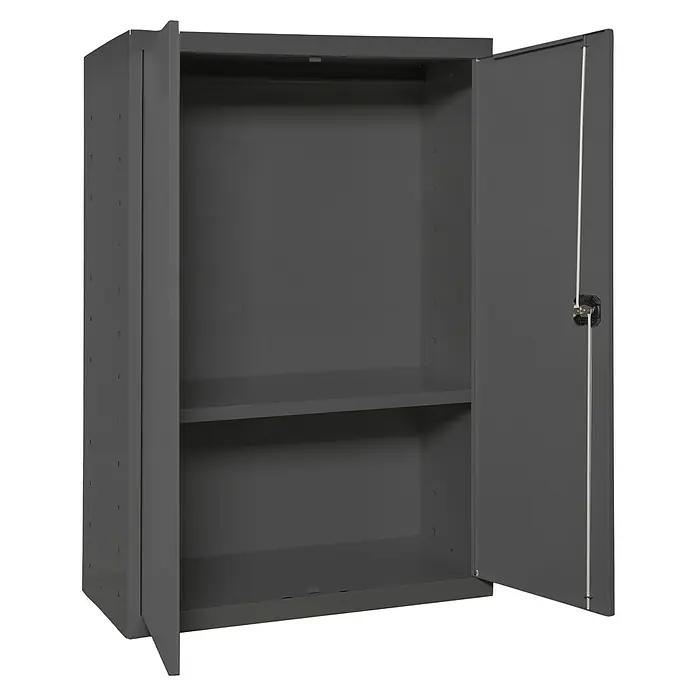 Simonrack Simonlocker Armario multiusos metálico Multi Professional - L x An x Al: 40 x 80 x 90 cm, Número de puertas: 2 ud., Antracita/Antracita - Un armario de acero gris con dos puertas abiertas y un estante en el interior, ideal para almacenamiento y organización.