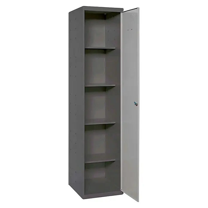 Simonrack Simonlocker Armario multiusos metálico Cleaning Desmontada - L x An x Al: 40 x 40 x 180 cm, Número de puertas: 1 ud., Antracita/Gris - Un armario de acero gris con puerta abierta y cinco estantes, ideal para oficinas o talleres para guardar objetos de forma segura.