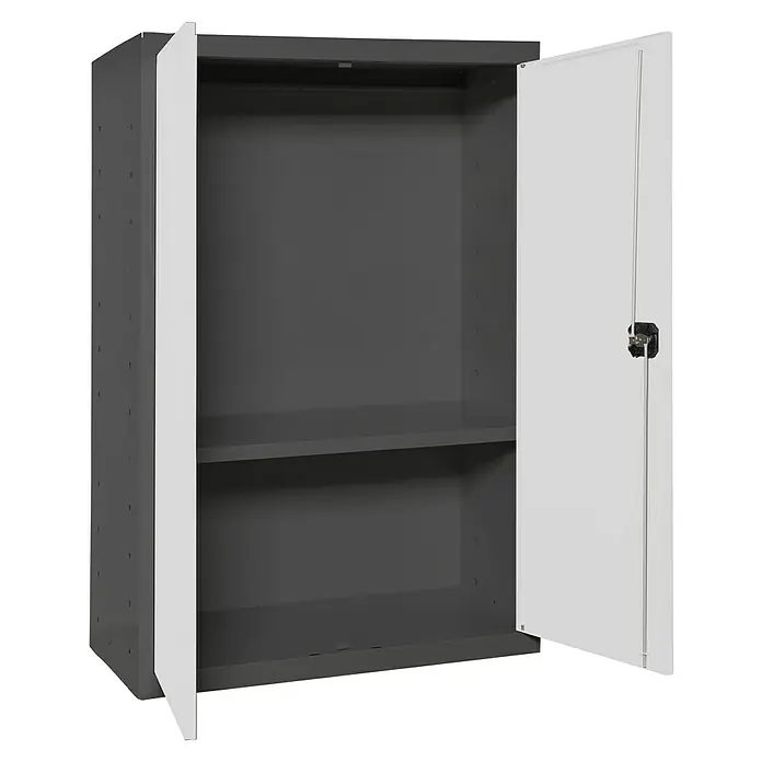 Simonrack Simonlocker Armario multiusos metálico Multi Professional Desmontado - L x An x Al: 40 x 80 x 90 cm, Antracita/Blanco, Número de baldas: 1 ud. - Armario de almacenamiento abierto de color gris con un estante y dos puertas de armario blancas, una de ellas abierta.
