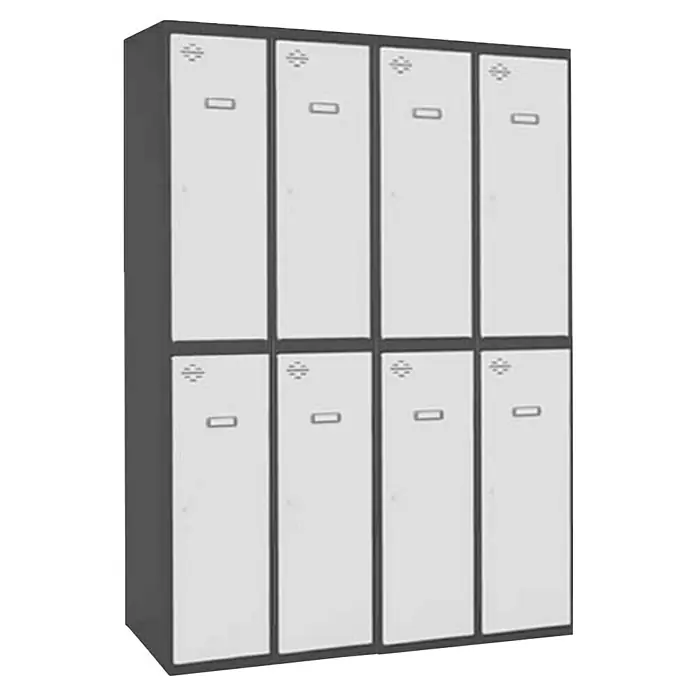Simonrack Simonlocker Taquilla Tandem Inicial Desmontada - L x An x Al: 50 x 120 x 180 cm, Número de puertas: 8 ud., Antracita/Blanco - Un armario de almacenamiento de ocho compartimentos en color claro, ideal para escuelas o vestuarios.