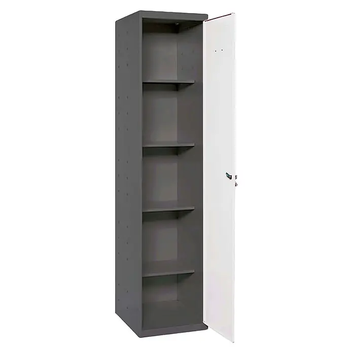 Simonrack Simonlocker Armario multiusos metálico Cleaning Desmontada - L x An x Al: 40 x 40 x 180 cm, Número de puertas: 1 ud., Antracita/Blanco - Armario de acero gris con cinco estantes y una puerta blanca abierta. Ideal para oficina o almacenamiento.