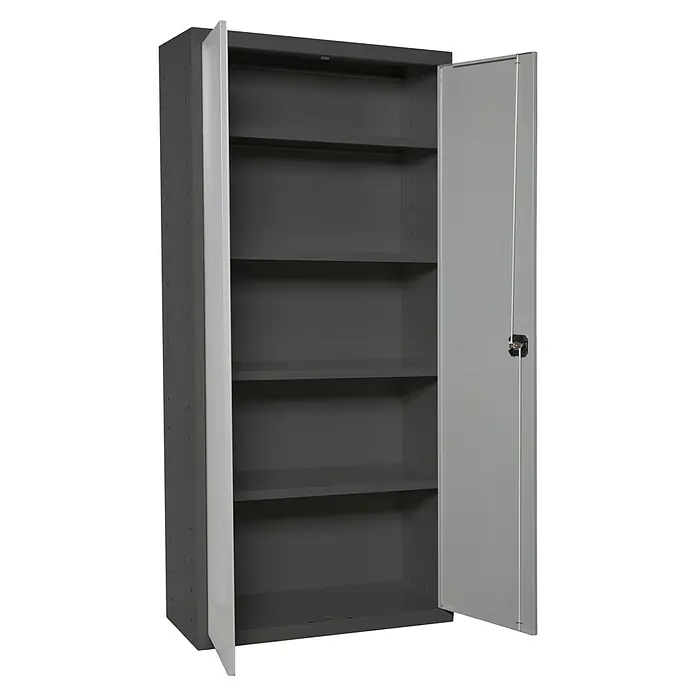 Simonrack Simonlocker Armario multiusos metálico Multi Professional Desmontado - L x An x Al: 40 x 60 x 180 cm, Antracita/Gris, Número de baldas: 4 ud. - Imagen de un armario metálico gris abierto con múltiples estantes y dos puertas.