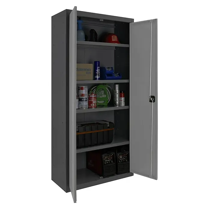 Simonrack Simonlocker Armario multiusos metálico Multi Professional Desmontado - L x An x Al: 40 x 60 x 180 cm, Antracita/Gris, Número de baldas: 4 ud. - Armario metálico gris con puertas abiertas, que revela varias herramientas y recipientes en sus estantes.