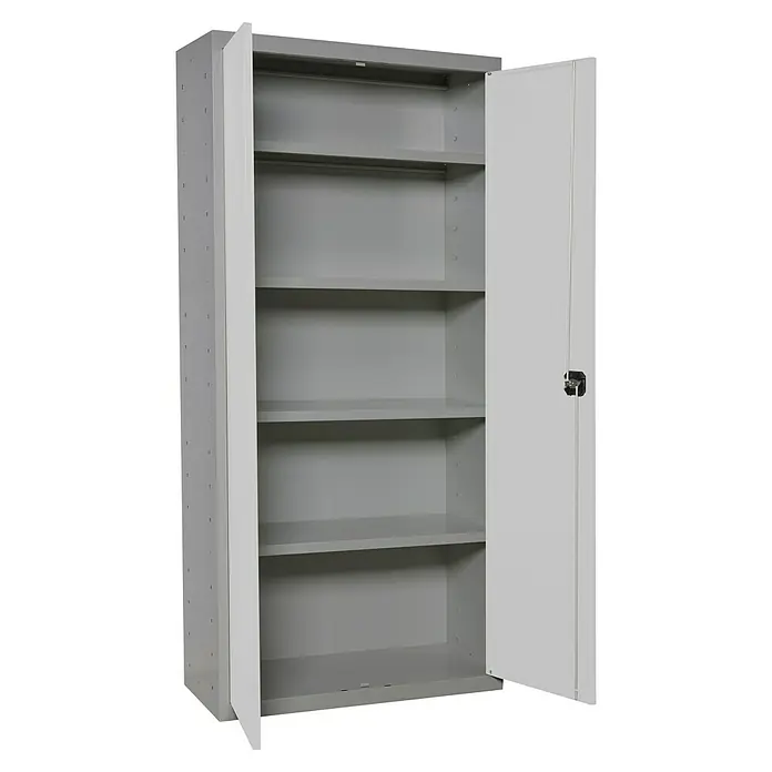 Simonrack Simonlocker Armario multiusos metálico Multi Professional Desmontado - L x An x Al: 40 x 100 x 180 cm, Gris/Blanco, Número de baldas: 4 ud. - Armario metálico gris con cuatro estantes y puerta abierta, ideal para soluciones de oficina o almacenamiento.