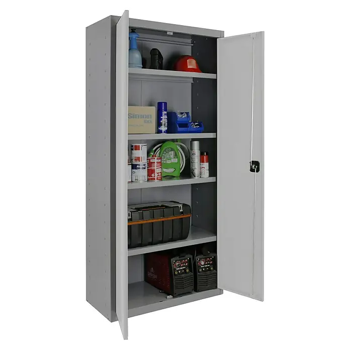 Simonrack Simonlocker Armario multiusos metálico Multi Professional Desmontado - L x An x Al: 40 x 100 x 180 cm, Gris/Blanco, Número de baldas: 4 ud. - Armario metálico gris abierto con estantes, lleno de herramientas y accesorios. Ideal para garaje o taller.