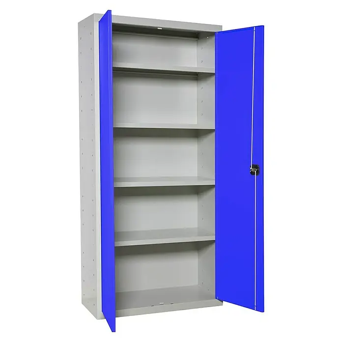 Simonrack Simonlocker Armario multiusos metálico Multi Professional Desmontado - L x An x Al: 40 x 100 x 180 cm, Gris/Azul, Número de baldas: 4 ud. - Armario de acero gris con puertas azules y múltiples estantes, mostrado en posición abierta, que ofrece un amplio espacio de almacenamiento.