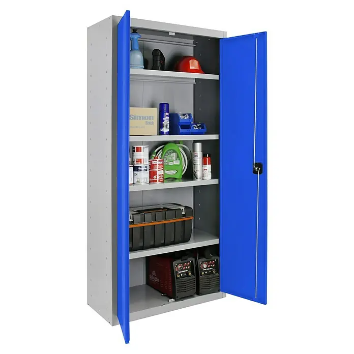Simonrack Simonlocker Armario multiusos metálico Multi Professional Desmontado - L x An x Al: 40 x 100 x 180 cm, Gris/Azul, Número de baldas: 4 ud. - Un armario abierto de acero gris con puertas azules, lleno de diversas herramientas y materiales. ¡Perfecto para taller o garaje!