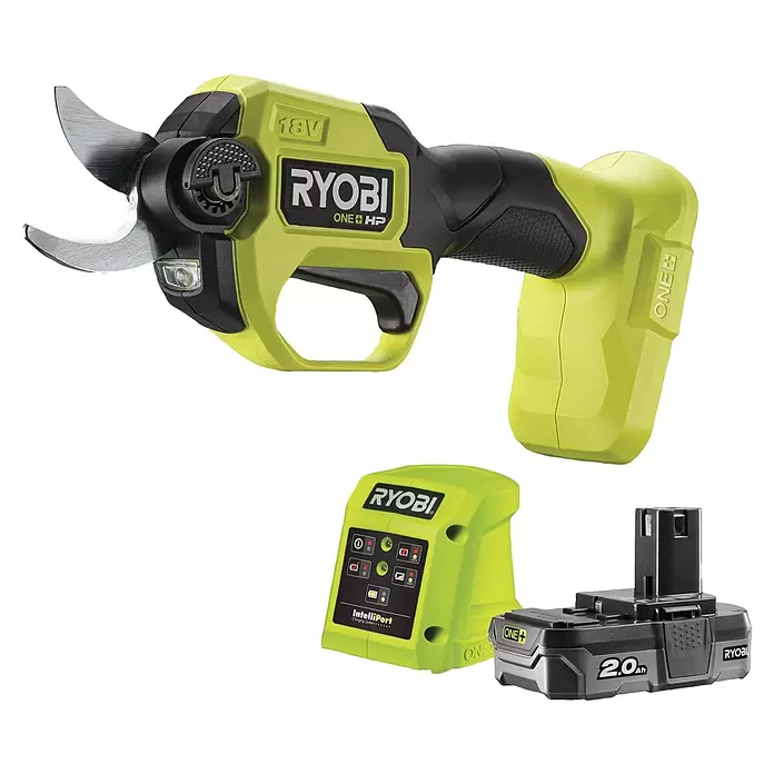 Ryobi ONE+HP Akku-Gartenschere RY18SCXA-120T - 18 V, Li-Ionen, 1 Akku, Max. Aststärke: 28 mm - Ryobi 18V ONE+ HP Akku-Astschere-Set in Limettengrün und Schwarz, mit Akku und Ladegerät.