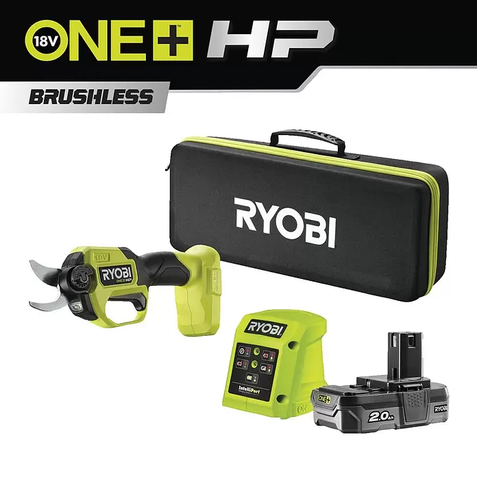 Ryobi ONE+HP Akku-Gartenschere RY18SCXA-120T - 18 V, Li-Ionen, 1 Akku, Max. Aststärke: 28 mm - Ryobi 18V ONE+ HP Brushless Astschere Set mit grün-schwarzer Schere, Ladegerät, 2.0Ah Akku und Tragetasche.