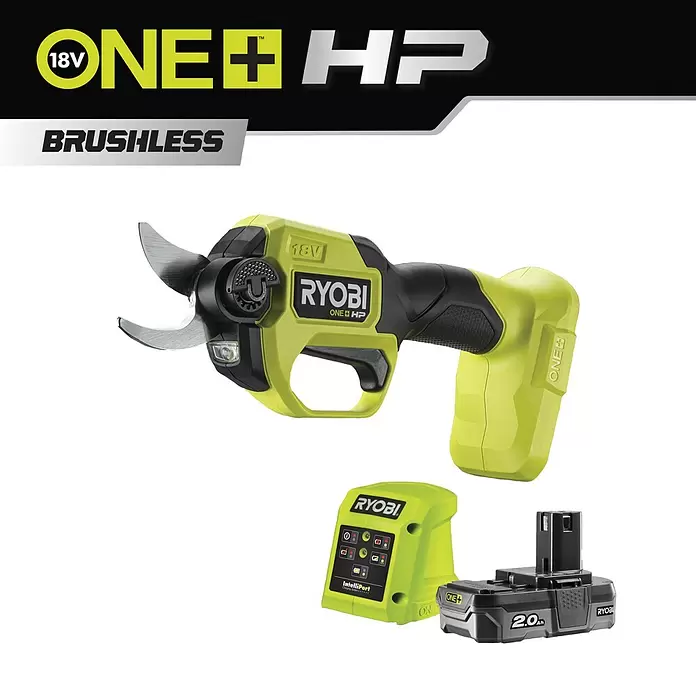 Ryobi ONE+HP Akku-Gartenschere RY18SCXA-120T - 18 V, Li-Ionen, 1 Akku, Max. Aststärke: 28 mm - Limettengrüne und schwarze Ryobi 18V ONE+ HP bürstenlose Astschere mit passendem Ladegerät und 2.0Ah Akku.