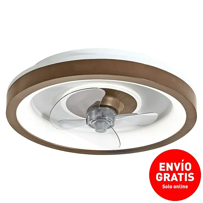 Sulion Ventilador de techo Simun - Madera, 48 cm, 39 W, Blanco neutro - Ventilador de techo con luz, diseño moderno con borde marrón y palas de rotor transparentes. Iluminación eficiente para cualquier espacio.