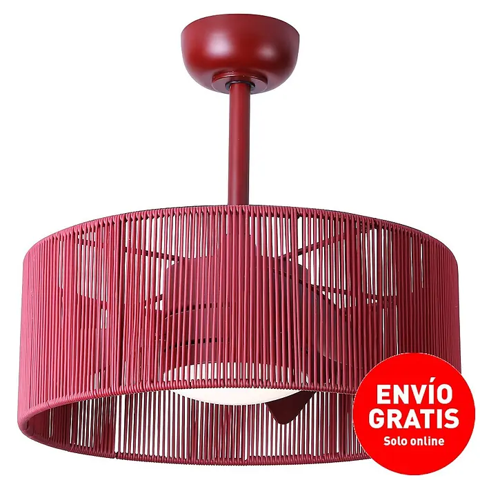 Sulion Ventilador de techo Lur - Rojo, 52 cm, 18 W, Blanco neutro - Primer plano de un moderno ventilador de techo rojo con una pantalla de cuerda e iluminación integrada.