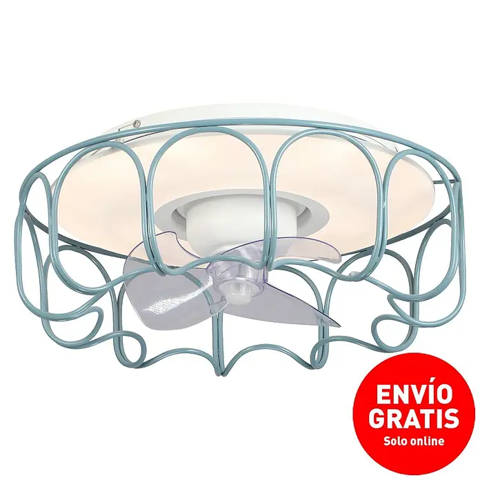 Sulion Ventilador de techo Klim - Verde, 59 cm, 32 W, Blanco neutro - Ventilador de techo para interiores con armazón metálico azul y luz integrada.