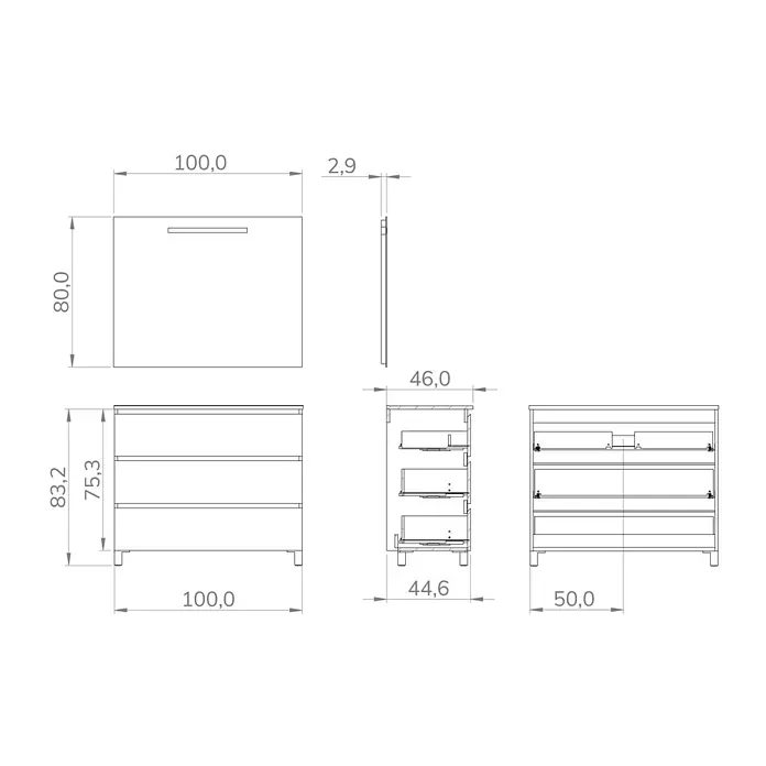 Artysan Conjunto de mueble de baño Atila - Ancho: 100 cm, Blanco seda, 3 pzs. - Dibujo de un mueble de baño con cajones, de 100 cm de ancho y 83,2 cm de alto.\n