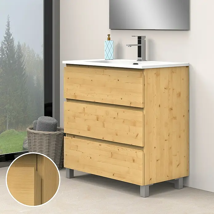 Artysan Conjunto de mueble de baño Atila - Ancho: 80 cm, Pino, 3 pzs. - Este mueble de baño de madera con tres cajones ofrece un amplio espacio de almacenamiento y un diseño moderno para el baño.
