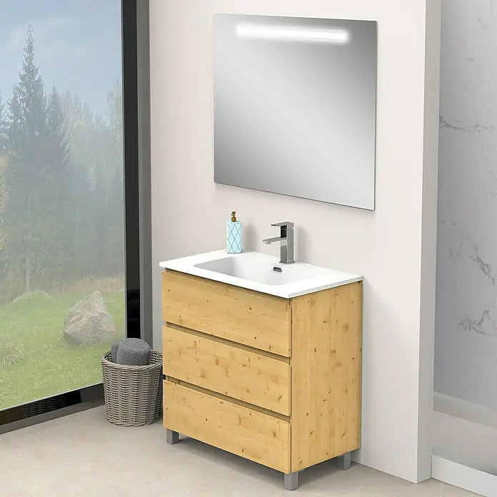 Artysan Conjunto de mueble de baño Atila - Ancho: 80 cm, Pino, 3 pzs. - Un mueble de baño de madera clara con tres cajones, un lavabo blanco y un espejo rectangular con iluminación.