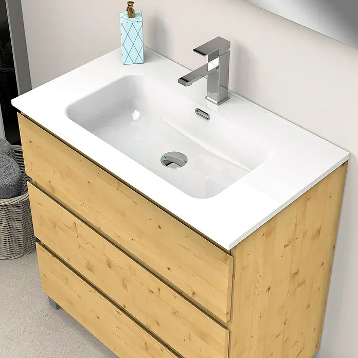 Artysan Conjunto de mueble de baño Atila - Ancho: 80 cm, Pino, 3 pzs. - Mueble de lavabo moderno con armario de madera clara y lavabo de encimera blanco para baños elegantes.