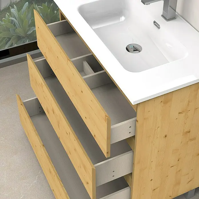 Artysan Conjunto de mueble de baño Atila - Ancho: 80 cm, Pino, 3 pzs. - Un tocador moderno de madera clara con tres cajones abiertos y un lavabo blanco. Líneas limpias y un acabado brillante.