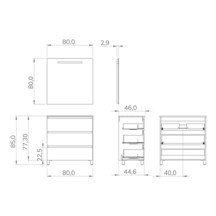 Artysan Conjunto de mueble de baño Atila - Ancho: 80 cm, Pino, 3 pzs. - Dibujo técnico del mueble de baño con espejo, dimensiones para la planificación y la instalación.